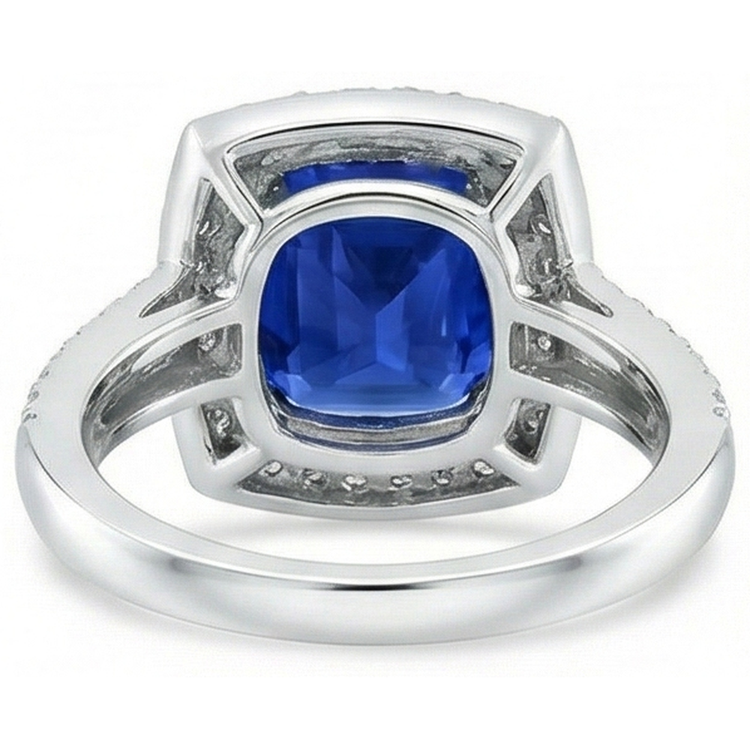 4.75 Carats Coussin Et Bague Anniversaire Saphir Rond Et Diamant Naturels Extraits des Mines ( et non cultivés en laboratoire )