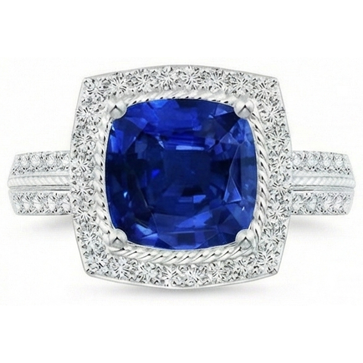 4.75 Carats Coussin Et Bague Anniversaire Saphir Rond Et Diamant Naturels Extraits des Mines ( et non cultivés en laboratoire )