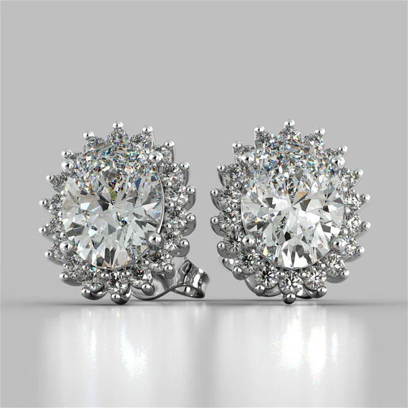 4 Carats. Clous D'oreilles Réel Diamants Taille Ovale Halo Diamants Or blanc