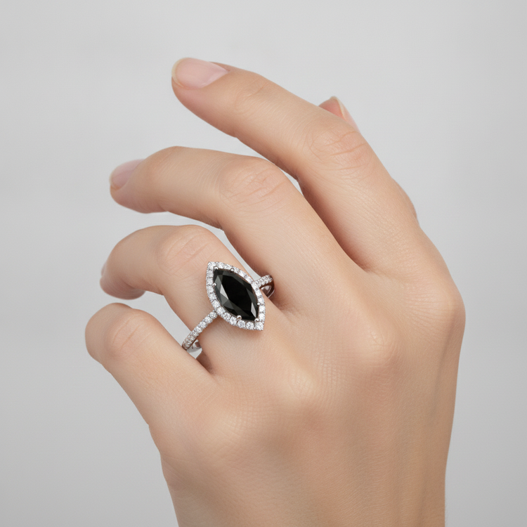 Bague de Mariage Diamant Noir Véritable 4 Carats Taille Marquise avec Halo en Or Blanc 14 Carats