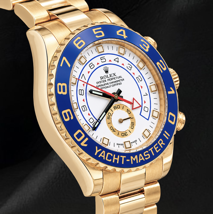 Rolex Yacht-Master II 116688 Cadran Blanc 44 mm Lunette en Céramique Bleue Montre en Or Jaune 18 carats
