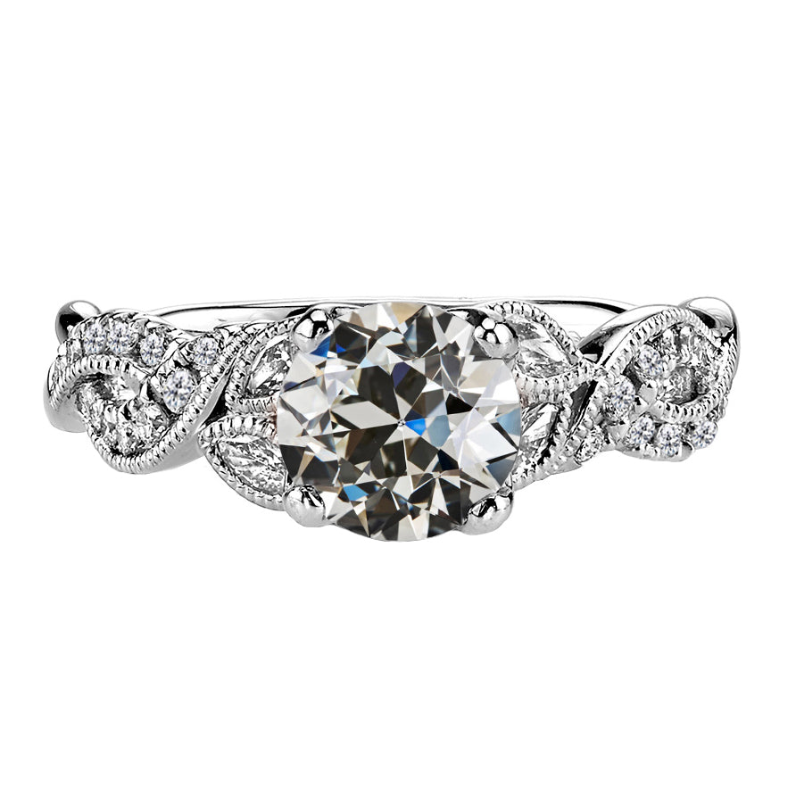 Diamant Fin Taille Old Mine Solitaire avec Pierres Latérales en Or Blanc 14 Carats – vue principale