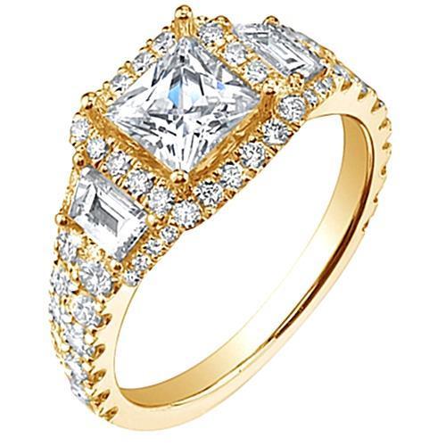 4.46 Carats. Bague Style Trois Pierres Réel Diamants Or Jaune 14K