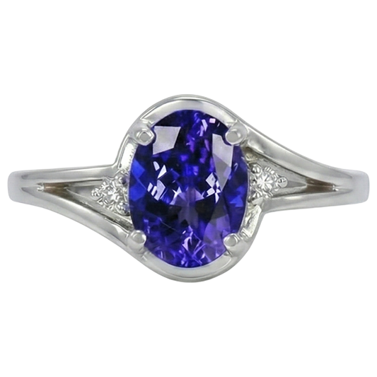 Tanzanite Violette Taille Ovale Bague Pierre de Couleur en Or Blanc 14 Carats – vue de face