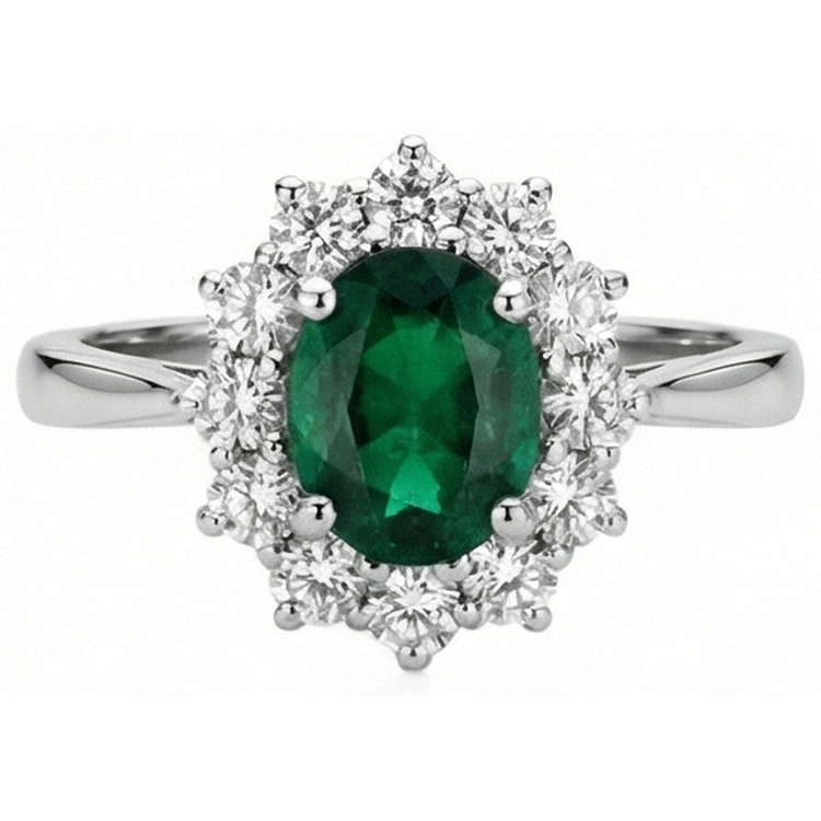 5.25 Carats Emeraude Vert Et Diamants Naturels Extraits des Mines ( et non cultivés en laboratoire ) Bague De Fiançailles Or Blanc 14K