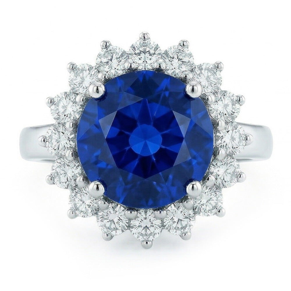Taille Brillant Saphir Bleu Royal bague en Or 14K Blanc – vue de côté
