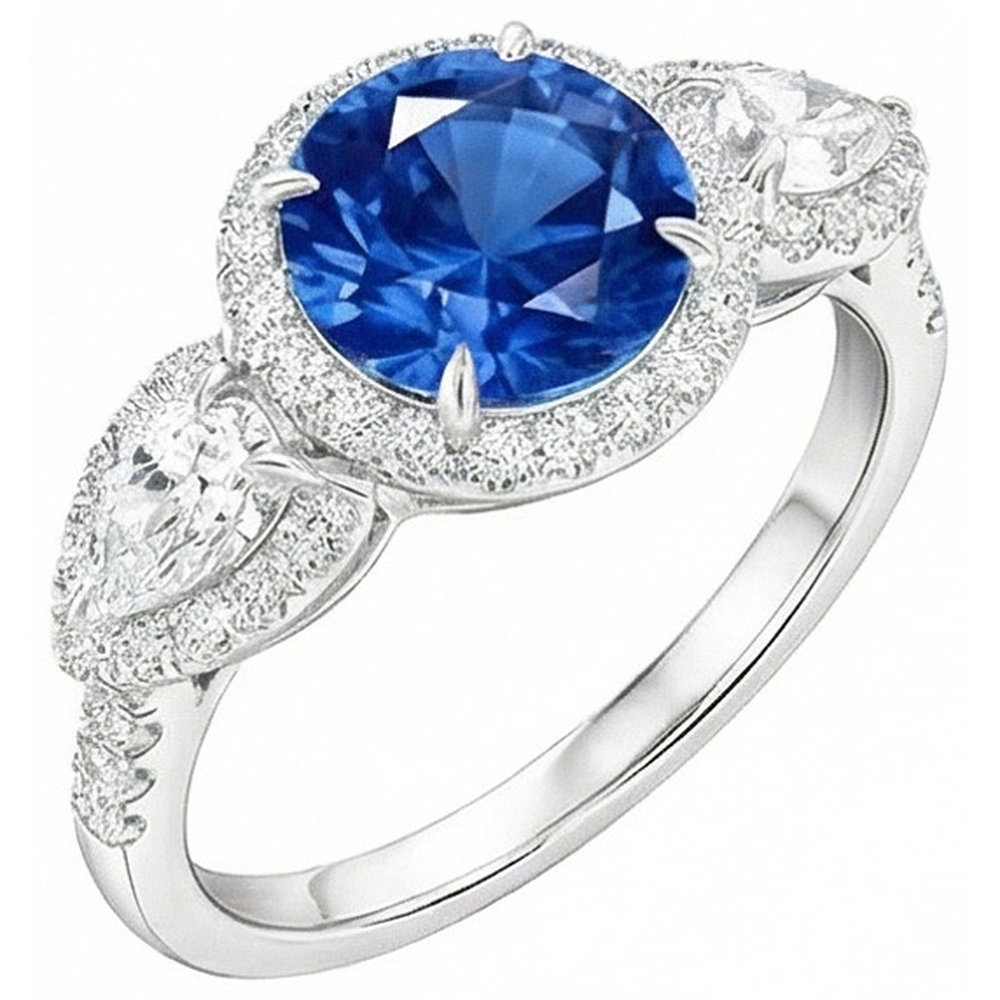 5.30 Ct Poire Et Diamants Naturels Extraits des Mines ( et non cultivés en laboratoire ) Ronds Ceylan Saphir Bague Or Blanc 14K