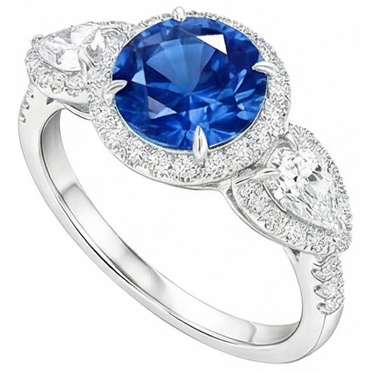 5.30 Ct Poire Et Diamants Naturels Extraits des Mines ( et non cultivés en laboratoire ) Ronds Ceylan Saphir Bague Or Blanc 14K
