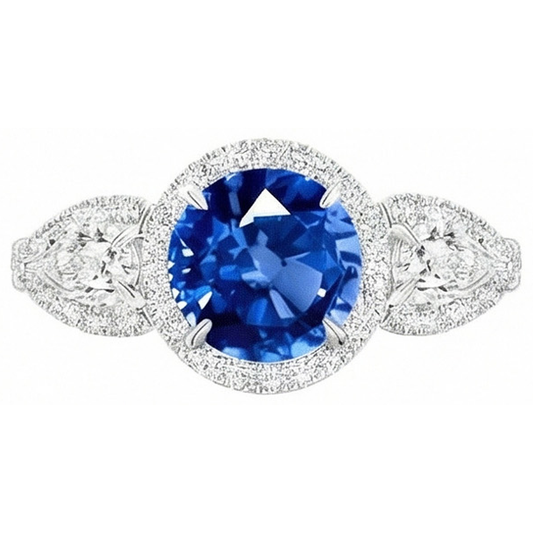 5.30 Ct Poire Et Diamants Naturels Extraits des Mines ( et non cultivés en laboratoire ) Ronds Ceylan Saphir Bague Or Blanc 14K