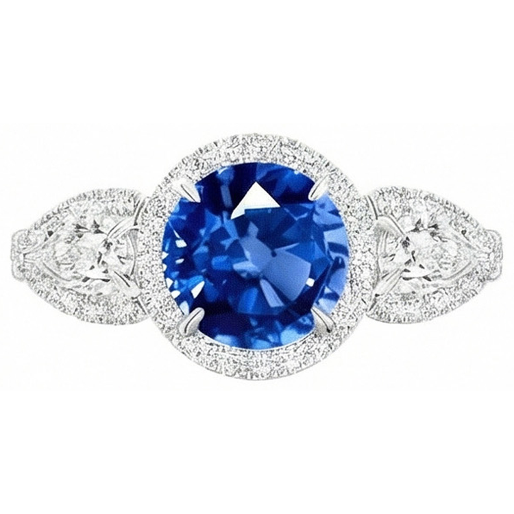 5.30 Ct Poire Et Diamants Naturels Extraits des Mines ( et non cultivés en laboratoire ) Ronds Ceylan Saphir Bague Or Blanc 14K