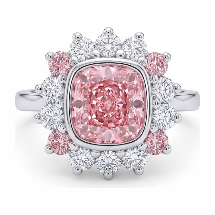 Bague Halo en Or Blanc 14K avec Diamant Rose Fantaisie de Laboratoire de 5,5 Carats Taille Coussin