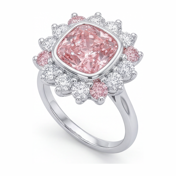 Bague Halo avec diamant rose fantaisie de 5,5 carats de laboratoire taille coussin en Or Blanc 14 carats