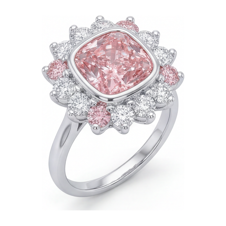 Bague Halo avec diamant rose fantaisie de 5,5 carats de laboratoire taille coussin en Or Blanc 14 carats