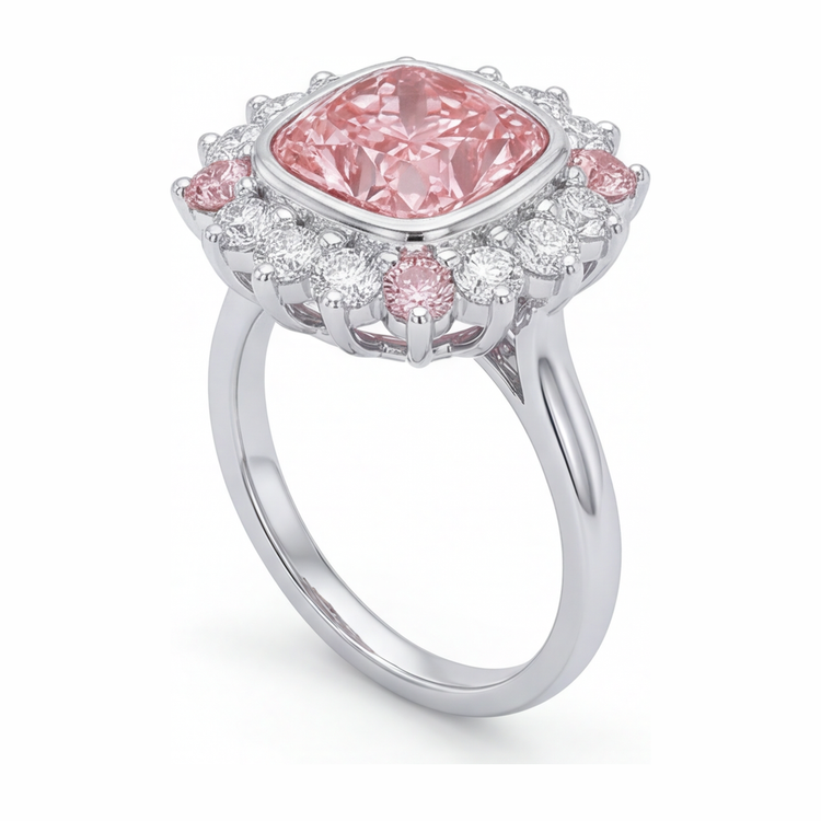 Bague Halo en Or Blanc 14K avec Diamant Rose Fantaisie de Laboratoire de 5,5 Carats Taille Coussin