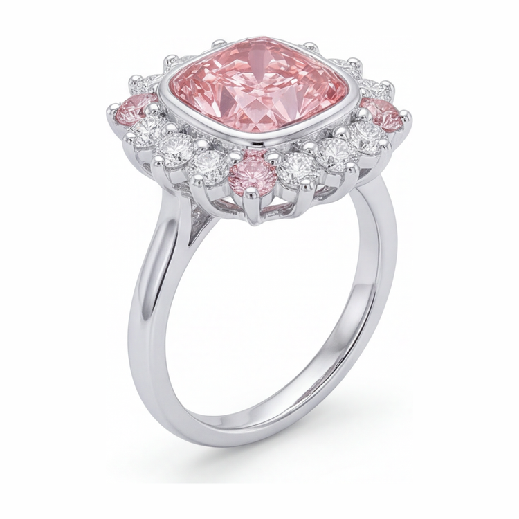 Bague Halo avec diamant rose fantaisie de 5,5 carats de laboratoire taille coussin en Or Blanc 14 carats