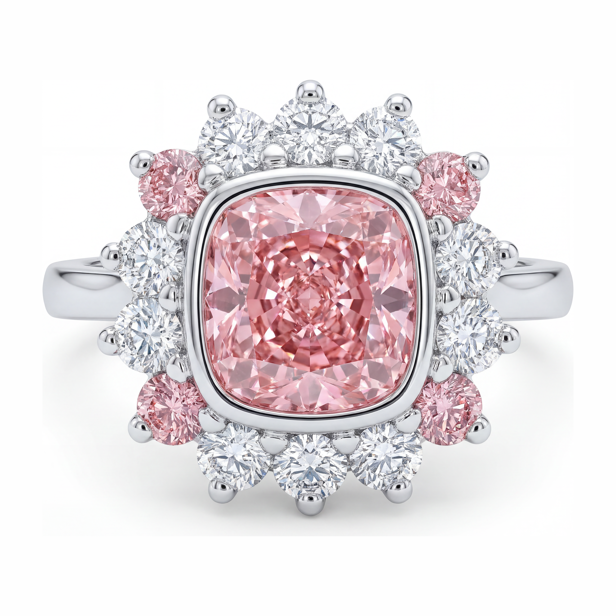 Bague Halo avec diamant rose fantaisie de 5,5 carats de laboratoire taille coussin en Or Blanc 14 carats