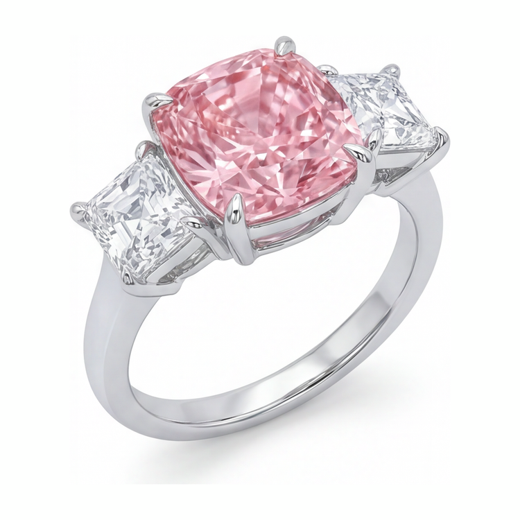 Bague de Fiançailles Rose avec Diamant Coussin de Laboratoire de 5,5 Carats Trois Pierres en Or Blanc 14 Carats