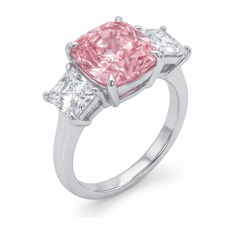 Bague de Fiançailles Rose avec Diamant Coussin de Laboratoire de 5,5 Carats Trois Pierres en Or Blanc 14 Carats