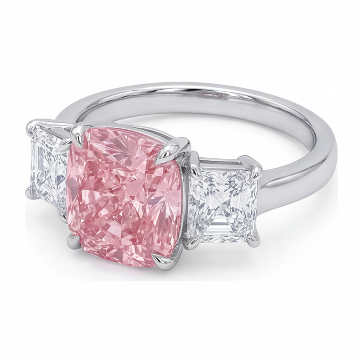 Bague de Fiançailles Trois Pierres en Or Blanc 14 Carats avec Diamant Coussin Rose de 5,5 Carats de Laboratoire