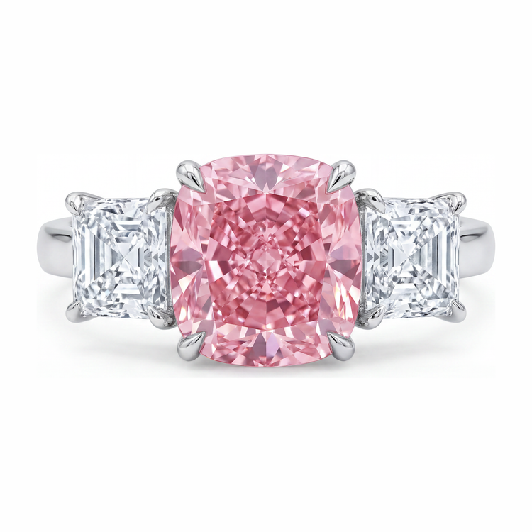 Bague de Fiançailles Trois Pierres en Or Blanc 14 Carats avec Diamant Coussin Rose de 5,5 Carats de Laboratoire