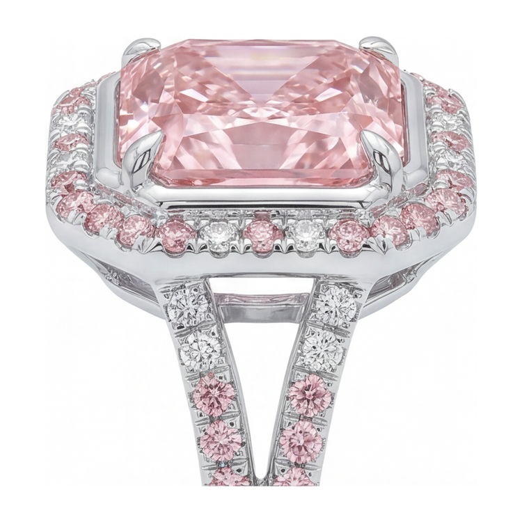 Bague de Fiançailles Rose avec Diamant Radiant de Laboratoire de 5,5 Carats, Halo et Anneau Fendu en Or Blanc 14 Carats