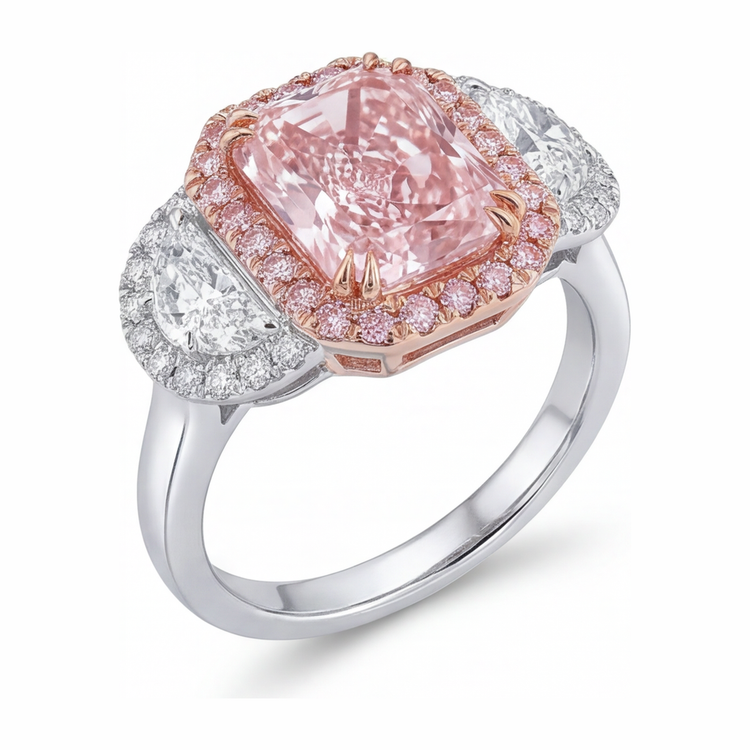 Bague de Fiançailles Diamant Rose de laboratoire 5,5 Carats Radiant Halo Anneau Simple en Or Blanc 14K