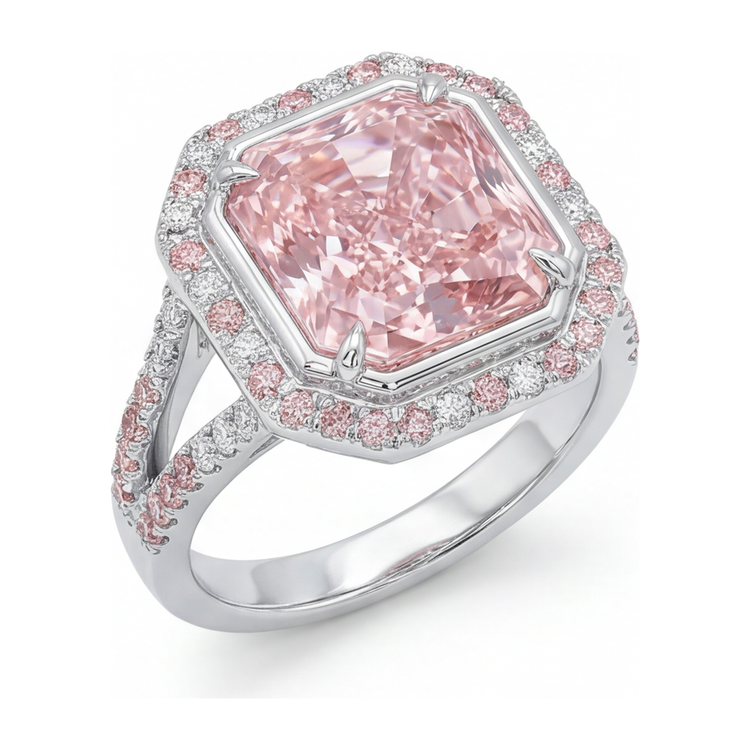 Bague de Fiançailles Rose Diamant Radiant de laboratoire 5,5 Carats Halo Anneau Fendu Or Blanc 14 Carats