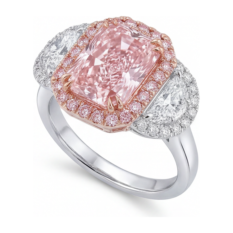 Bague de Fiançailles Diamant Rose de laboratoire 5,5 Carats Radiant Halo Anneau Simple en Or Blanc 14K