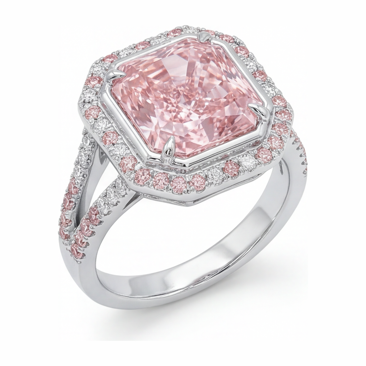 Bague de Fiançailles Rose avec Diamant Radiant de Laboratoire de 5,5 Carats, Halo et Anneau Fendu en Or Blanc 14 Carats