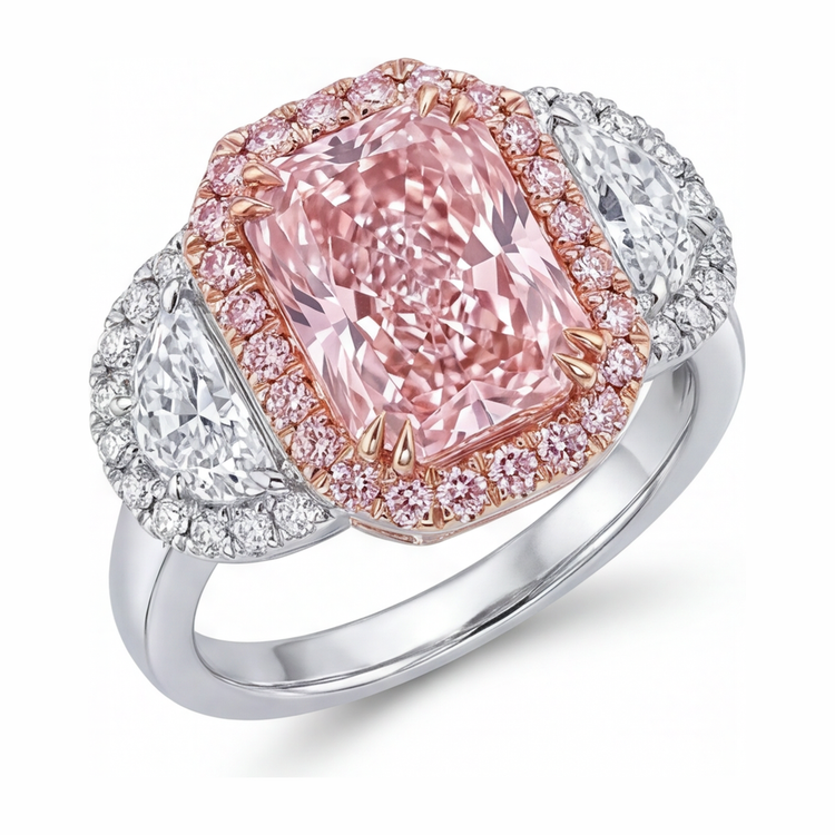 Bague de Fiançailles Diamant Rose de Laboratoire 5,5 Carats Taille Radiant Halo Anneau Simple Or Blanc 14 Carats