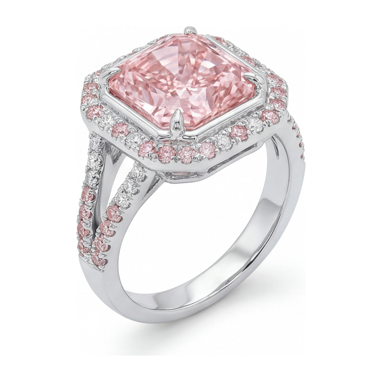 Bague de Fiançailles Rose avec Diamant Radiant de Laboratoire de 5,5 Carats, Halo et Anneau Fendu en Or Blanc 14 Carats