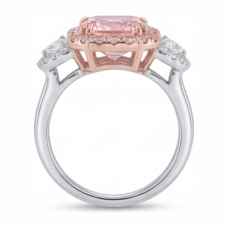 Bague de Fiançailles Diamant Rose de Laboratoire 5,5 Carats Taille Radiant Halo Anneau Simple Or Blanc 14 Carats