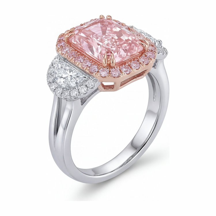 Bague de Fiançailles Diamant Rose de laboratoire 5,5 Carats Radiant Halo Anneau Simple en Or Blanc 14K