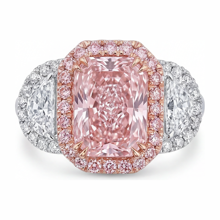 Bague de Fiançailles Diamant Rose de laboratoire 5,5 Carats Radiant Halo Anneau Simple en Or Blanc 14K