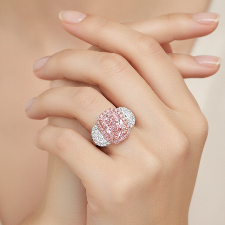 Bague de Fiançailles Diamant Rose de Laboratoire 5,5 Carats Taille Radiant Halo Anneau Simple Or Blanc 14 Carats