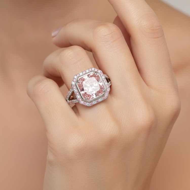 Bague de Fiançailles Rose avec Diamant Radiant de Laboratoire de 5,5 Carats, Halo et Anneau Fendu en Or Blanc 14 Carats