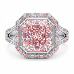Bague de Fiançailles Rose avec Diamant Radiant de Laboratoire de 5,5 Carats, Halo et Anneau Fendu en Or Blanc 14 Carats