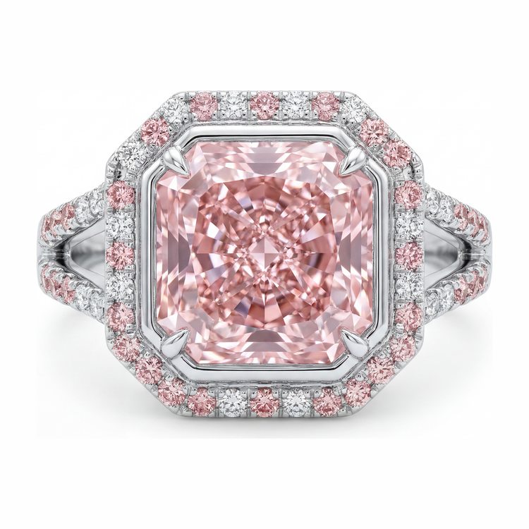 Bague de Fiançailles Rose avec Diamant Radiant de Laboratoire de 5,5 Carats, Halo et Anneau Fendu en Or Blanc 14 Carats