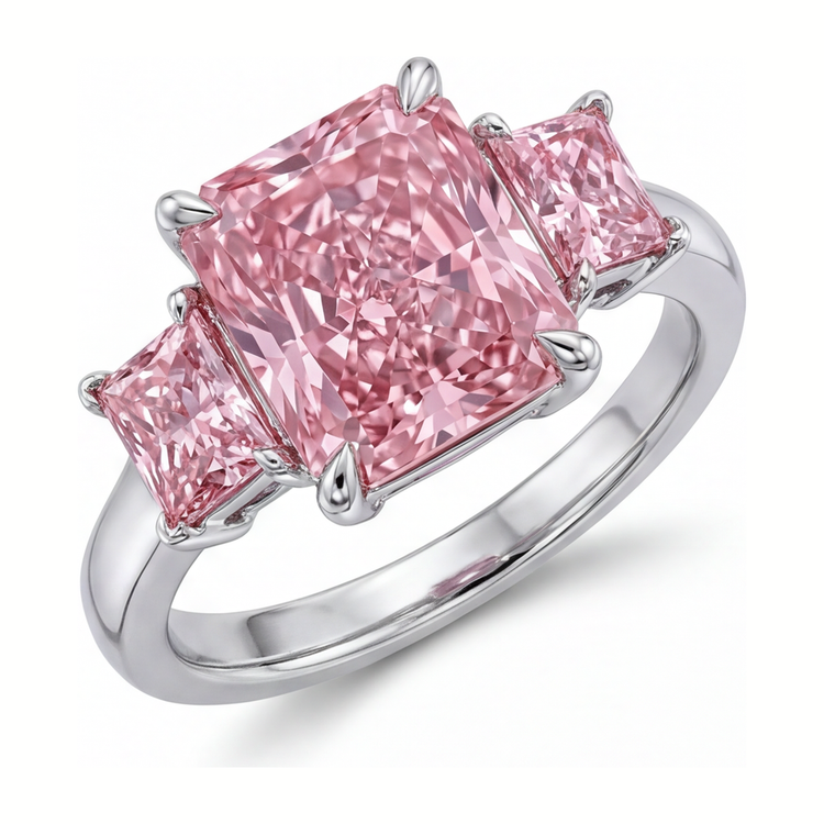Bague de Fiançailles Diamant Rose de Laboratoire 5,5 Carats Taille Radiant Trois Pierres Anneau Lisse en Or Blanc 14K