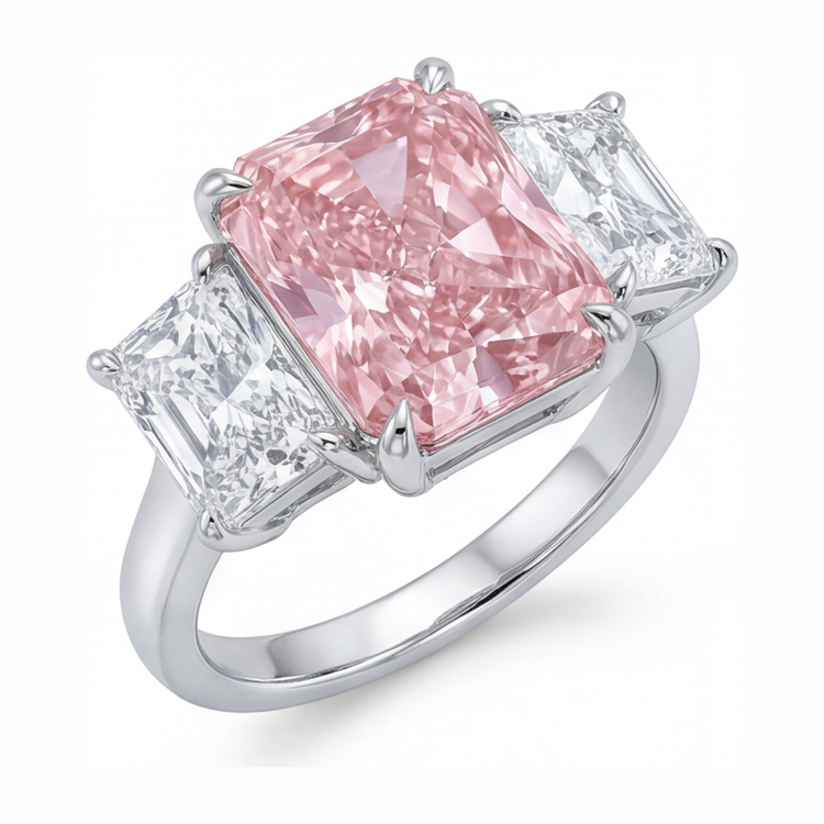 Bague de Fiançailles en Or Blanc 14 carats avec Diamant de Laboratoire Radiant de 5,5 Carats et Pierre Rose, Monture Cathédrale à Trois Pierres