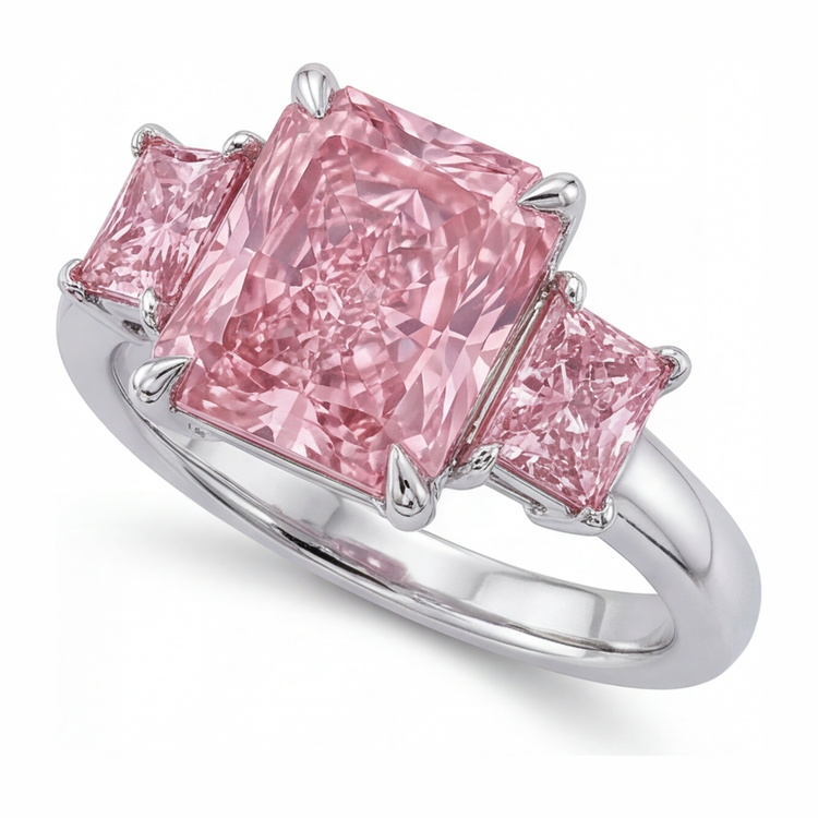 Bague de Fiançailles Diamant Rose de laboratoire 5,5 Carats Taille Radiant Trois Pierres Anneau Simple en Or Blanc 14K