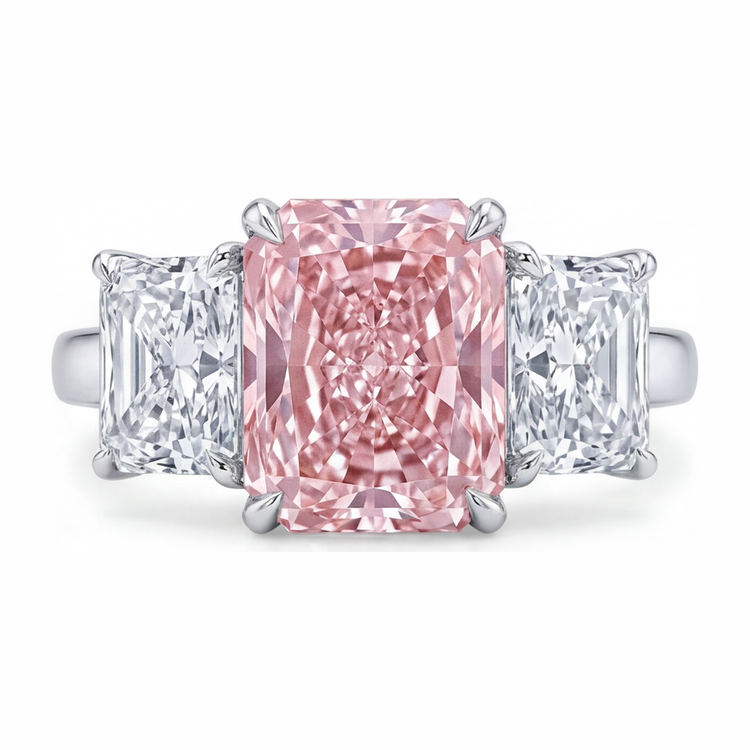 Bague de Fiançailles Pierre Rose avec Diamant Radiant de Laboratoire de 5,5 Carats, Trois Pierres Cathédrale en Or Blanc 14K