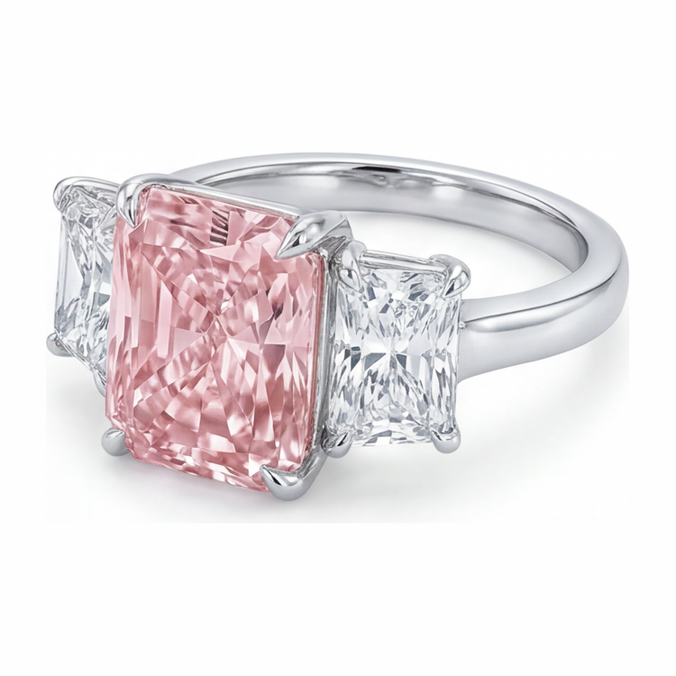 Bague de Fiançailles en Or Blanc 14 carats avec Diamant de Laboratoire Radiant de 5,5 Carats et Pierre Rose, Monture Cathédrale à Trois Pierres