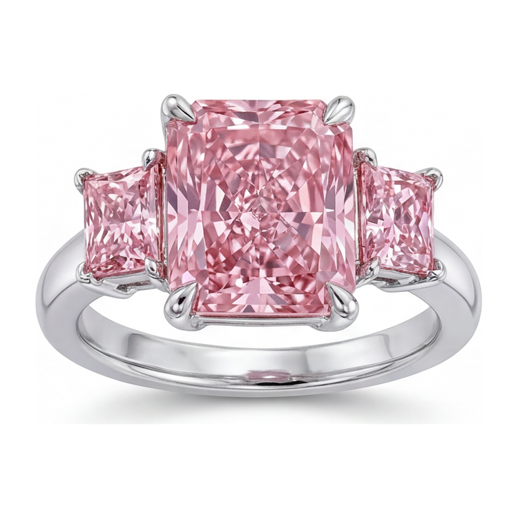Bague de Fiançailles Diamant Rose de laboratoire 5,5 Carats Taille Radiant Trois Pierres Anneau Simple en Or Blanc 14K