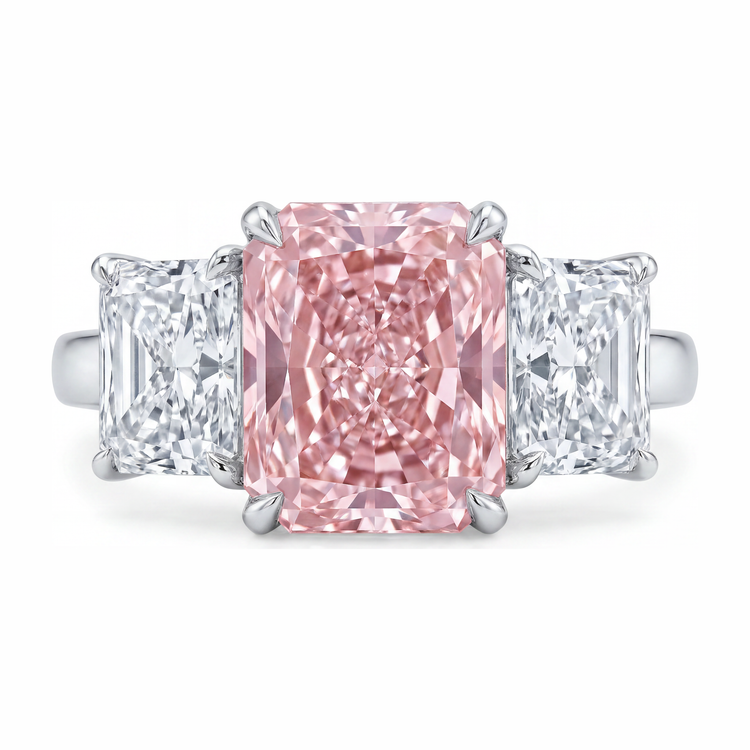 Bague de Fiançailles en Or Blanc 14 carats avec Diamant de Laboratoire Radiant de 5,5 Carats et Pierre Rose, Monture Cathédrale à Trois Pierres