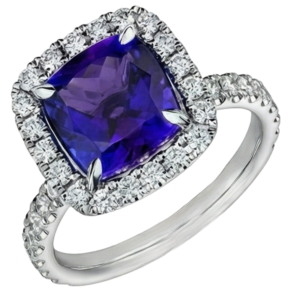 naturel cushion tanzanite 5.50carats bague détail rapproché