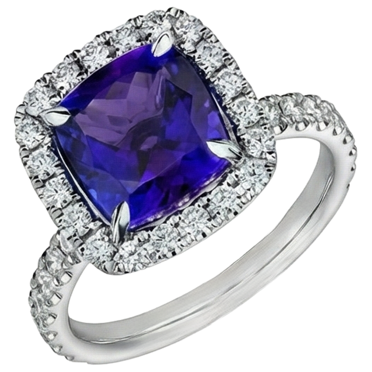 naturel cushion tanzanite 5.50carats bague détail rapproché