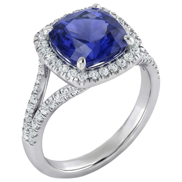 5.70 Ct Big Cushion Tanzanite & Bague Diamant Rond Or Blanc 14K