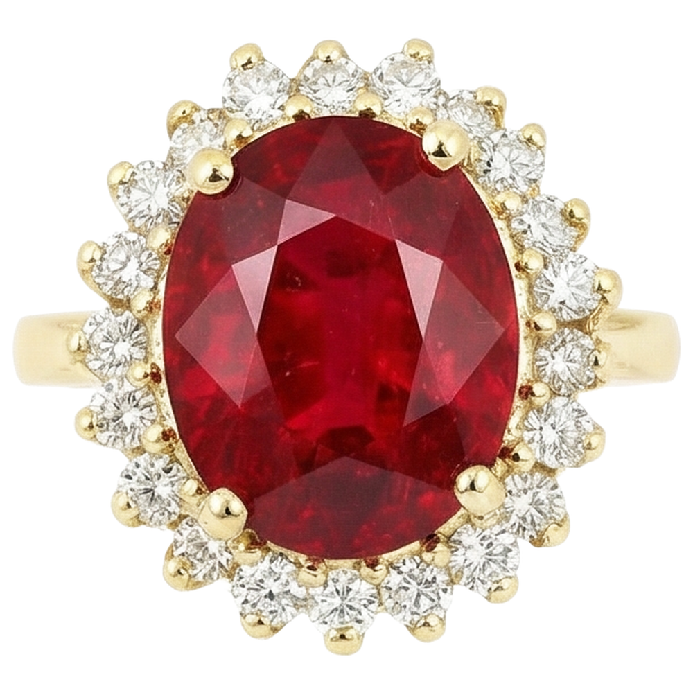 5.75 Carats Bague Rubis Rouge Et Diamants Or Jaune 14K