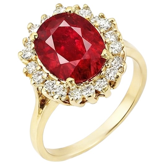 5.75 Carats Bague Rubis Rouge Et Diamants Or Jaune 14K